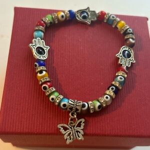 Colorful Evil Eye Beaded Bracelet with Silver Accents